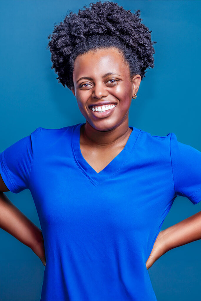 a woman in a blue shirt